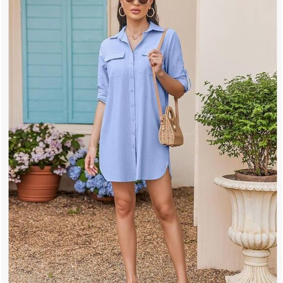 HOTOUCH Oversized Button Down Shirt Dress With Pockets Long Sleeve Tunic Size L - Picture 2 of 11